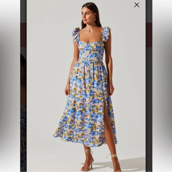 astr the label wedelia blue floral ruffle bustier midi spring summer dress small - Picture 8 of 9